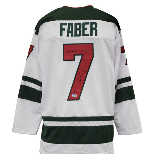 Brock Faber LE (7) Signed Custom White Hockey Jersey w/ Inscription 'NHL Debut 4-10-23'