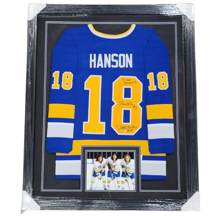 Slap Shot 'Hanson Brothers' Cast Signed & Professionally Framed Custom Blue Jersey