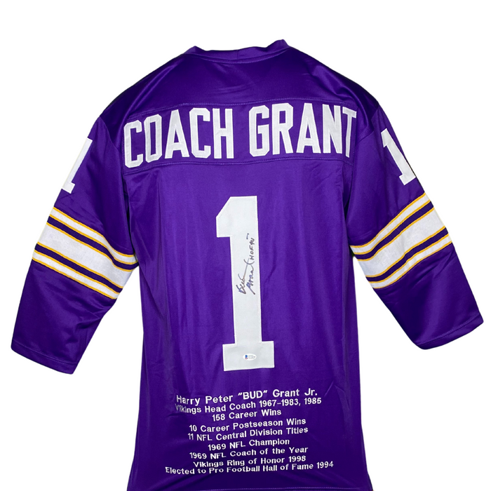Bud Grant Signed Custom Purple Football Jersey w/ Inscription and Stats