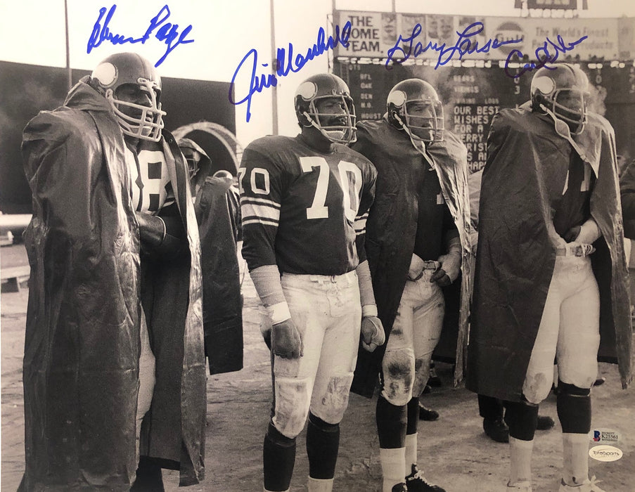 Purple People Eaters Signed B&W Sidelines 16 x 20 Photo - Signed by Page, Eller, Marshall, and Larsen