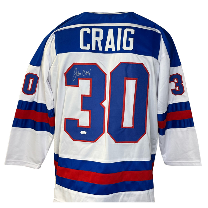 FRAMED Autographed/Signed JIM CRAIG 33x42 White USA Hockey Jersey JSA COA  Auto