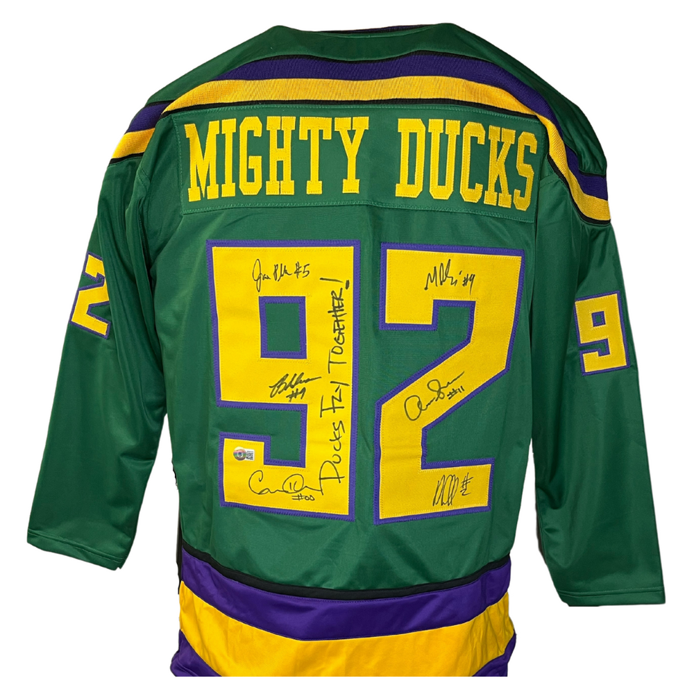 The Mighty Ducks Cast Autographed Green Hockey Jersey w/ 'Ducks Fly Together'