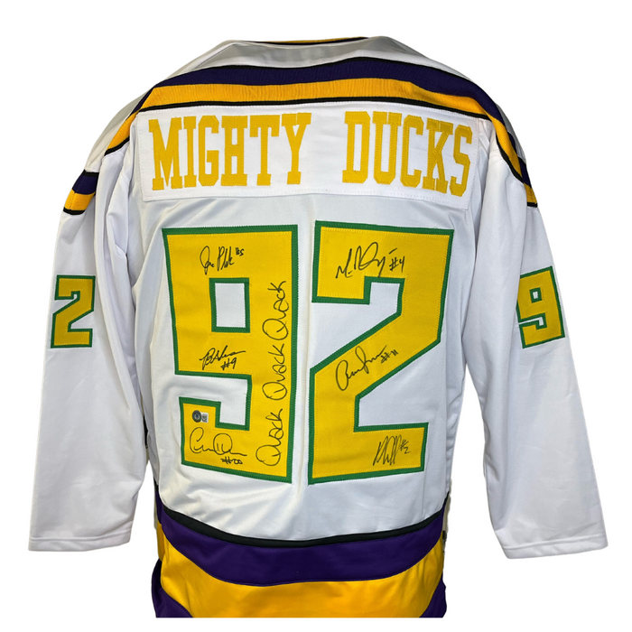 The Mighty Ducks Cast Autographed White Hockey Jersey w/ 'Quack Quack Quack'