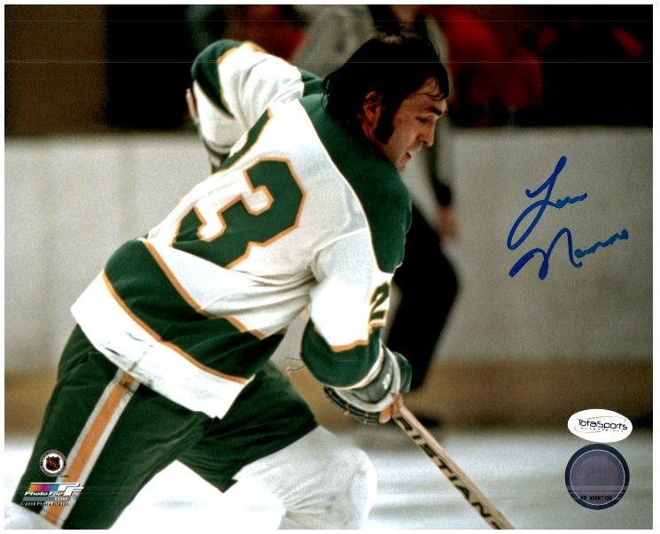 Lou Nanne Signed Skating with No Helmet 8x10 Photo