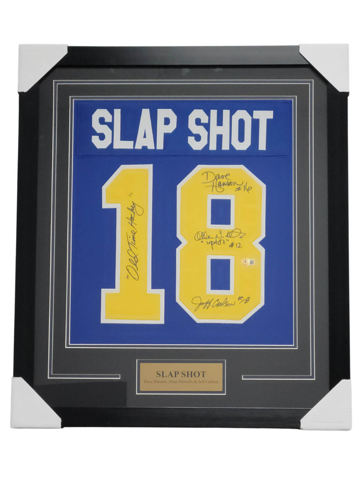 Slap Shot Cast Signed Blue Hockey Jersey w/ 'Old Time Hockey' — Elite Ink