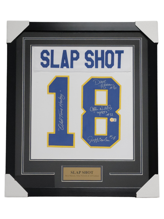 Slap Shot Cast Signed & Professionally Framed Custom Jersey Shadow Box Display w/ 'Old Time Hockey'