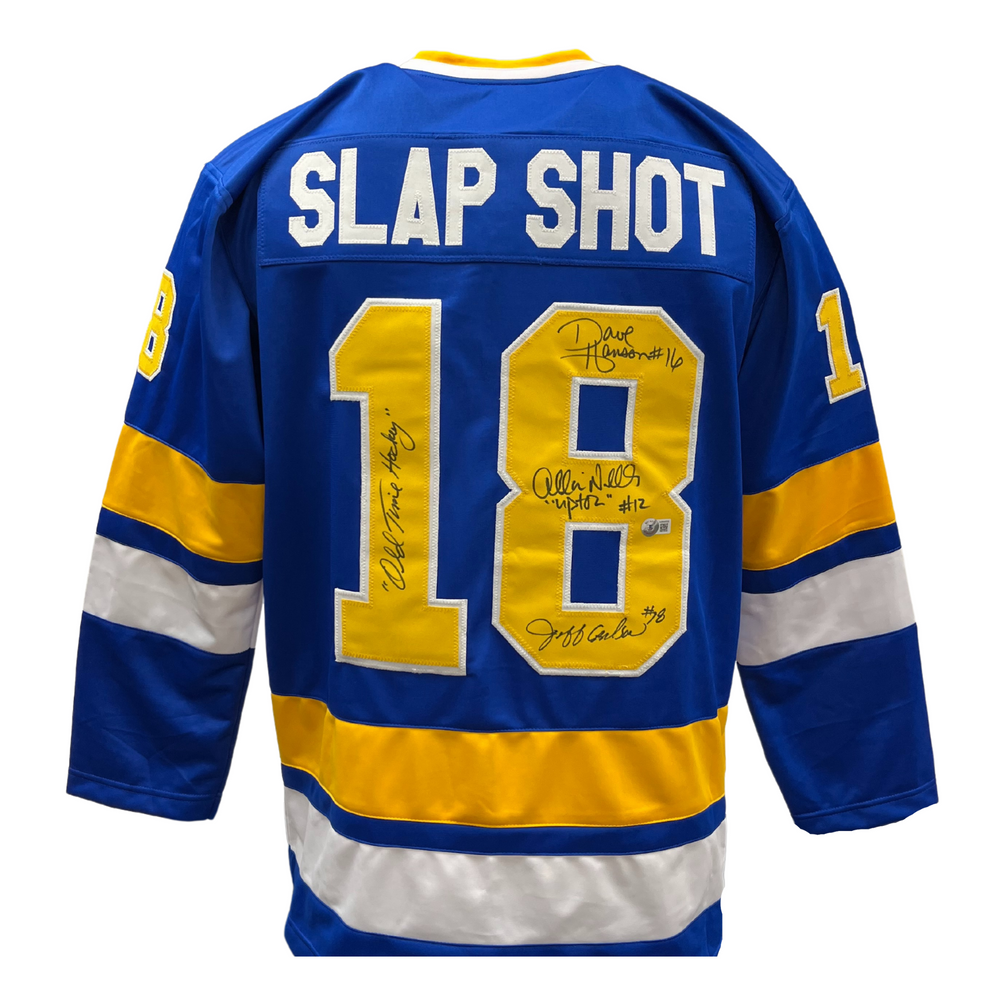 Slap Shot Cast Signed Blue Hockey Jersey w/ 'Old Time Hockey'