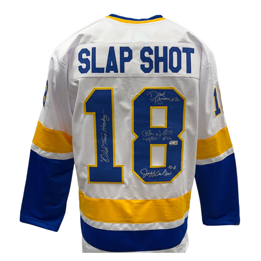 Slap Shot Cast Signed White Hockey Jersey w/ 'Old Time Hockey'