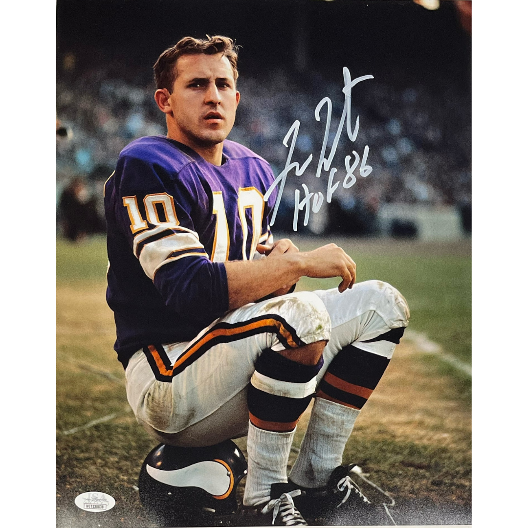 Fran Tarkenton Signed Sitting on Helmet 11x14 Photo w/ 'HOF 86